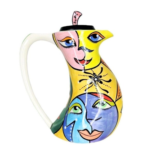 Vintage Larca Gallery Fine Art Hand Painted Abstract Faces Coffee Teapot Signed - Picture 10 of 14